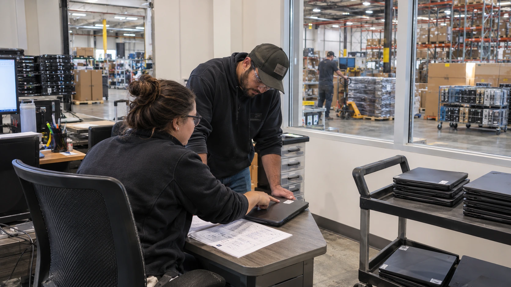 Illustration of workers reviewing a laptop asset label and equipment records