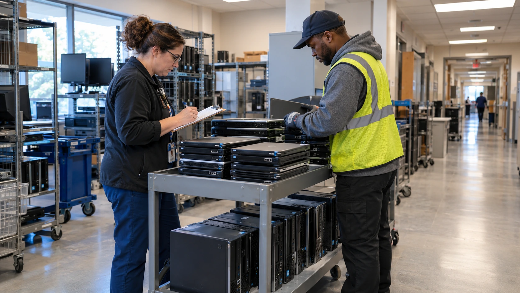 Illustrative healthcare staff and technician inventorying retired computers on a cart