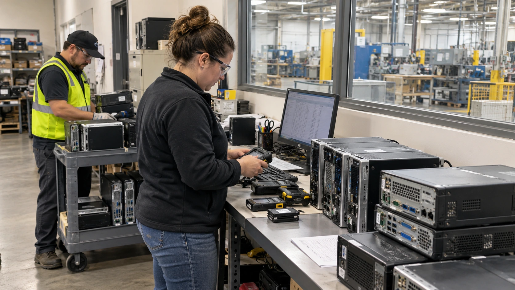 Illustrative scene of retired plant computers being scanned and logged