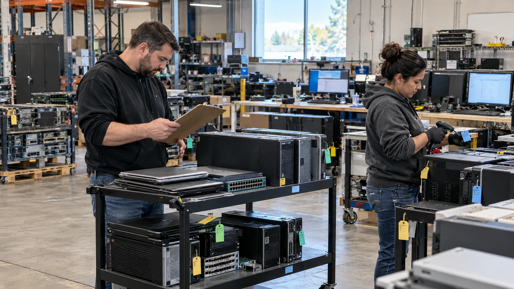 Illustrative technicians consolidating tagged computers and network equipment on warehouse carts