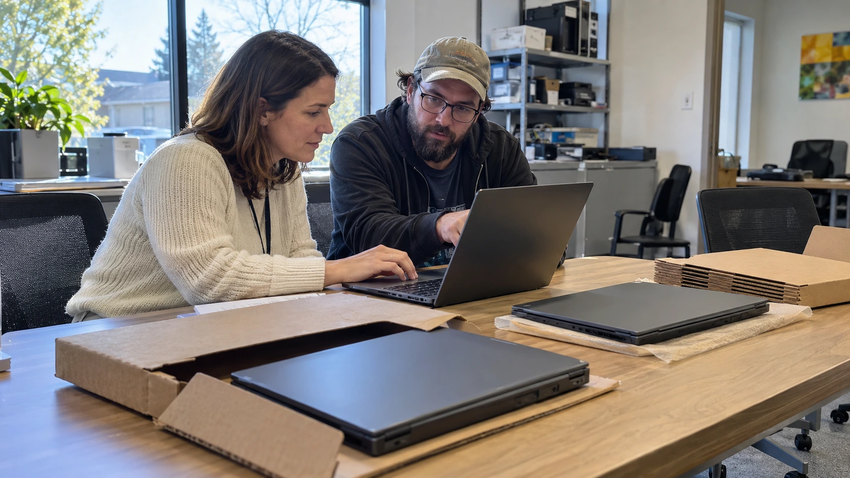 Illustrative volunteers preparing laptops and protective packaging at a worktable