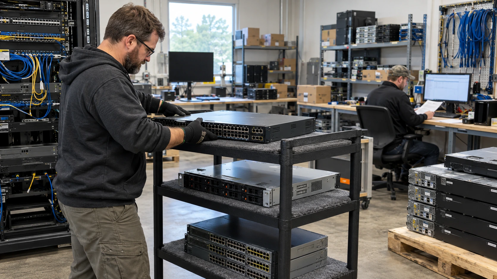 Illustrative technician handling retired network switches beside racks and server equipment