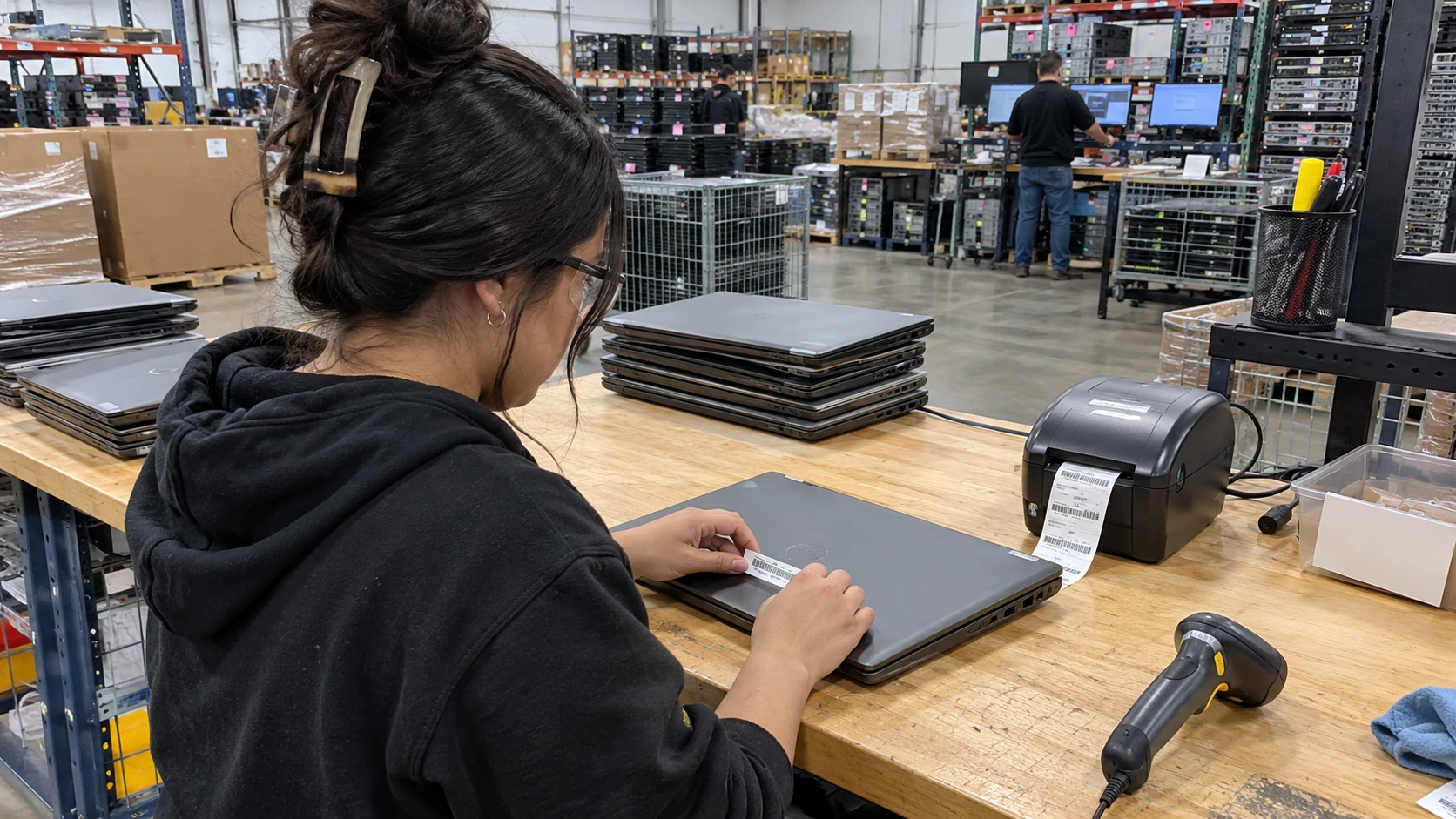 Illustration of an asset label being applied to a laptop beside a barcode printer