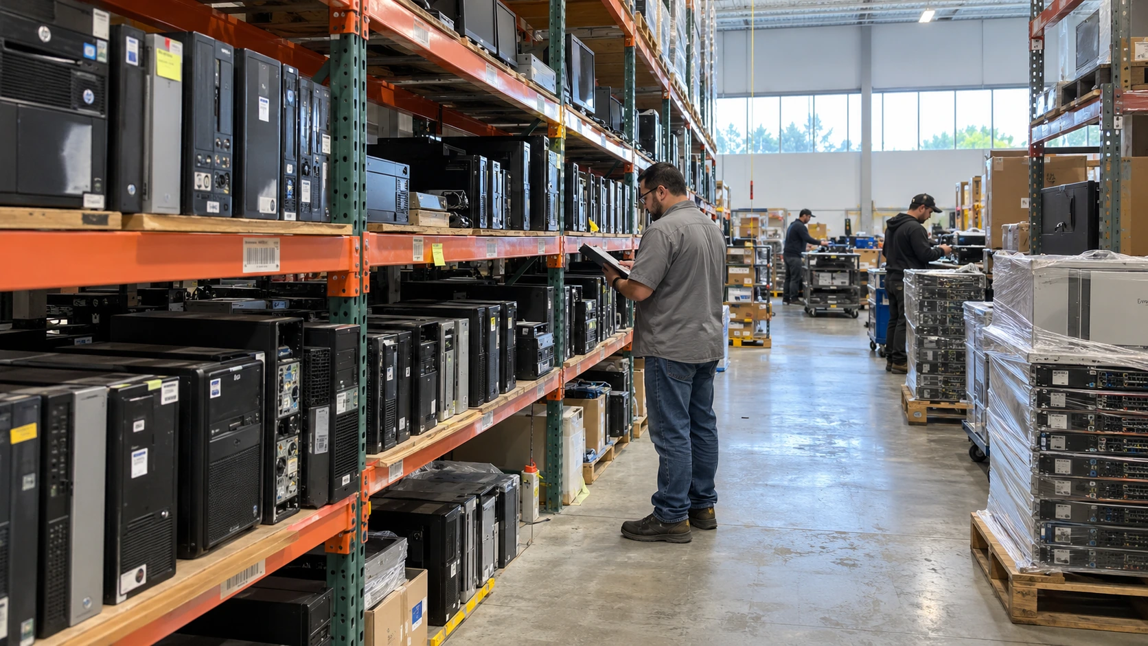 Illustrative warehouse aisle with racks of retired computers and electronics awaiting processing