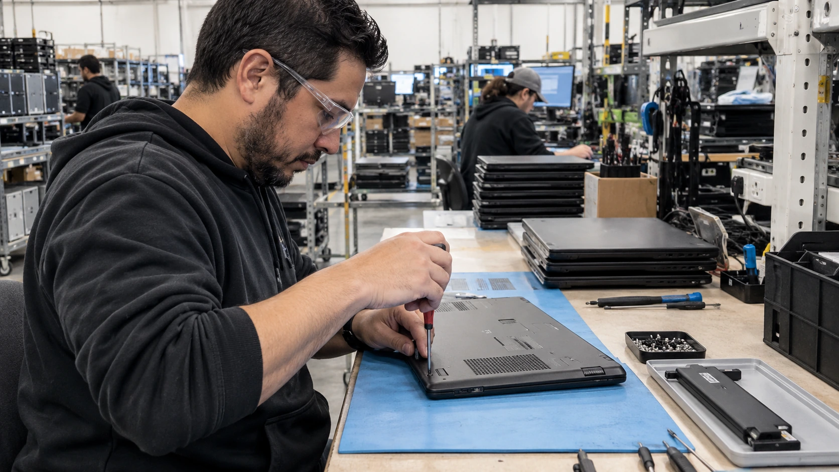 Illustrative scene of a technician disassembling a laptop at a recycling workbench