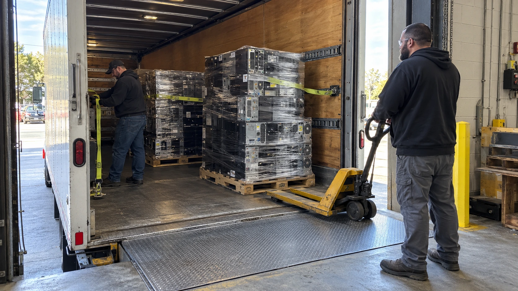 Illustrative scene of wrapped computer pallets being secured for transport