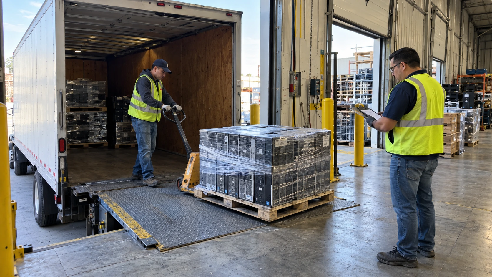 Illustration of palletized desktop computers being unloaded at a warehouse dock