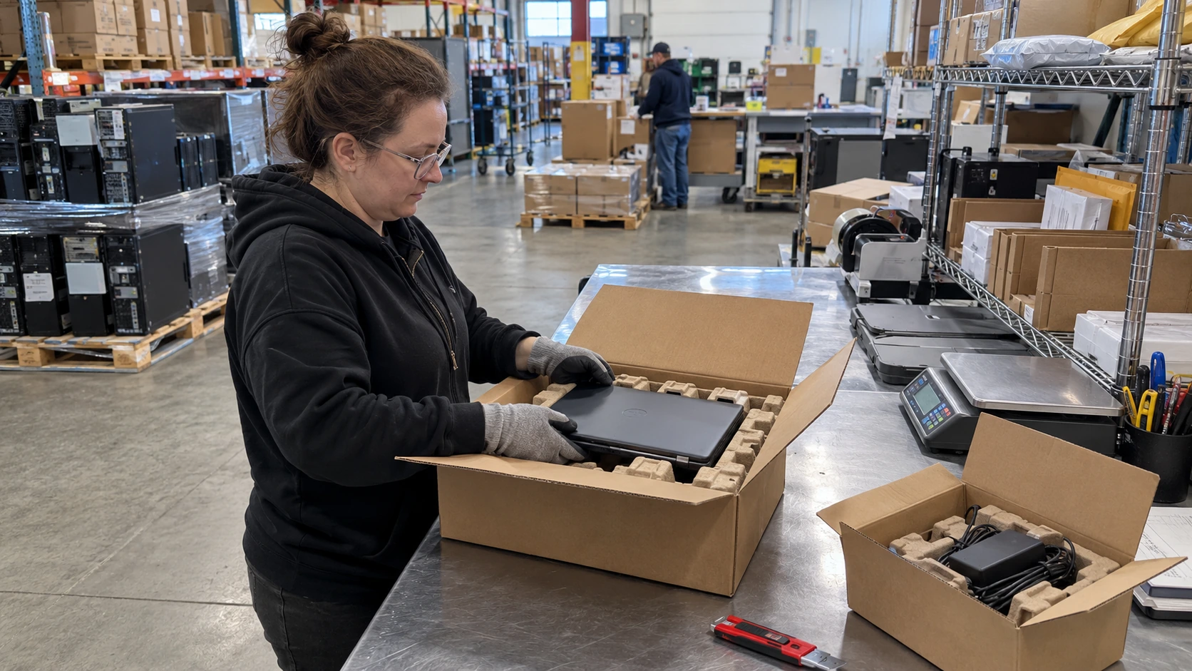 Illustrative scene of a boxed laptop being unpacked at an electronics intake bench