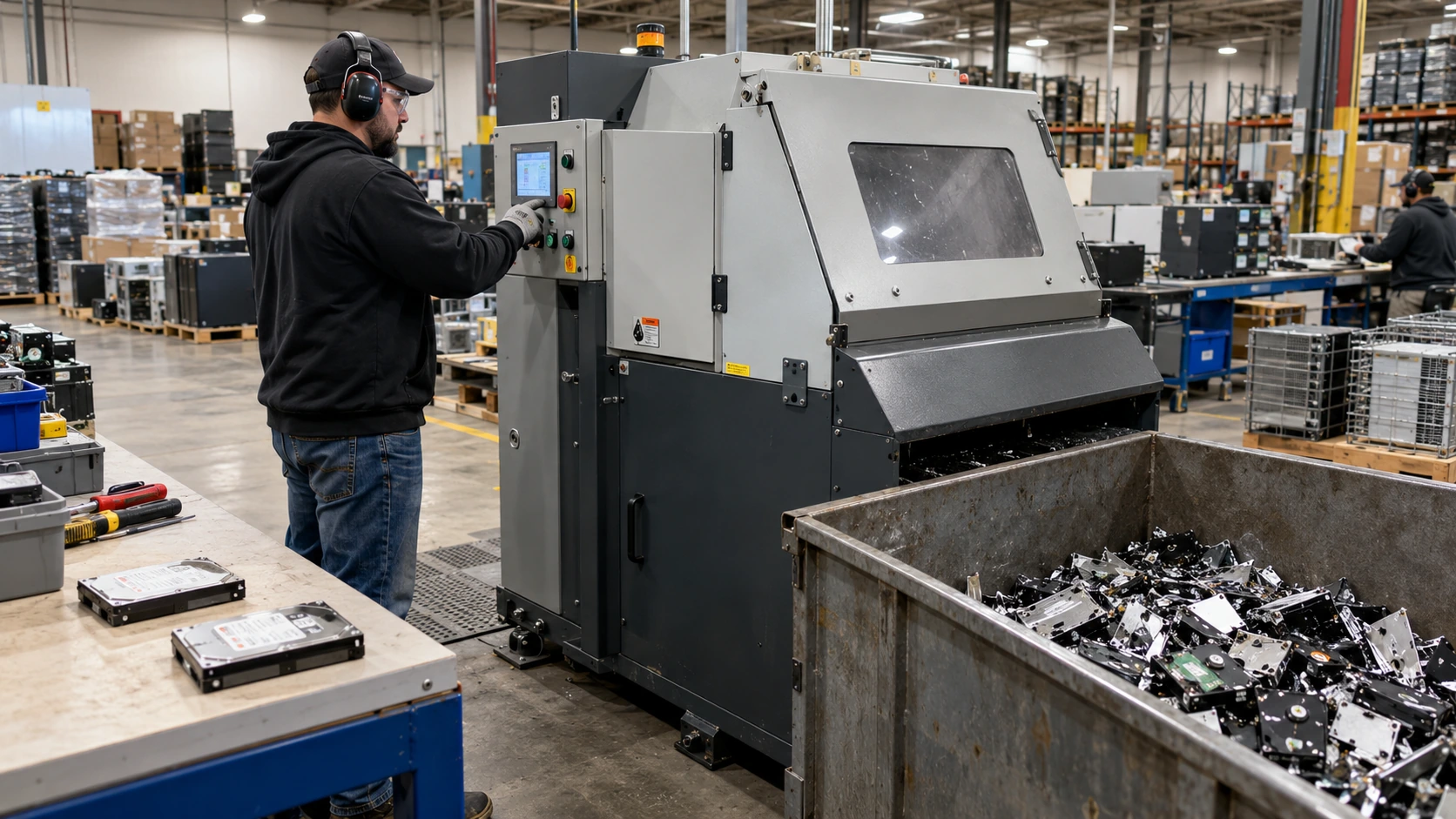 Illustrative industrial shredder processing hard drives beside a collection bin
