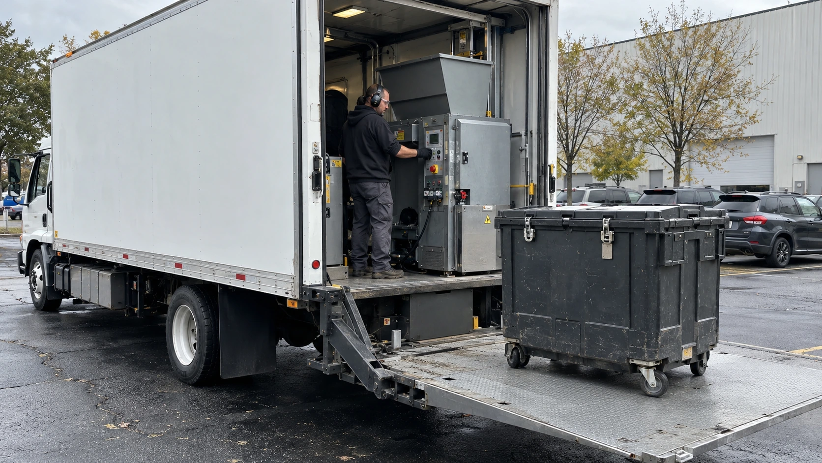 Illustrative mobile destruction truck with equipment and locked media containers