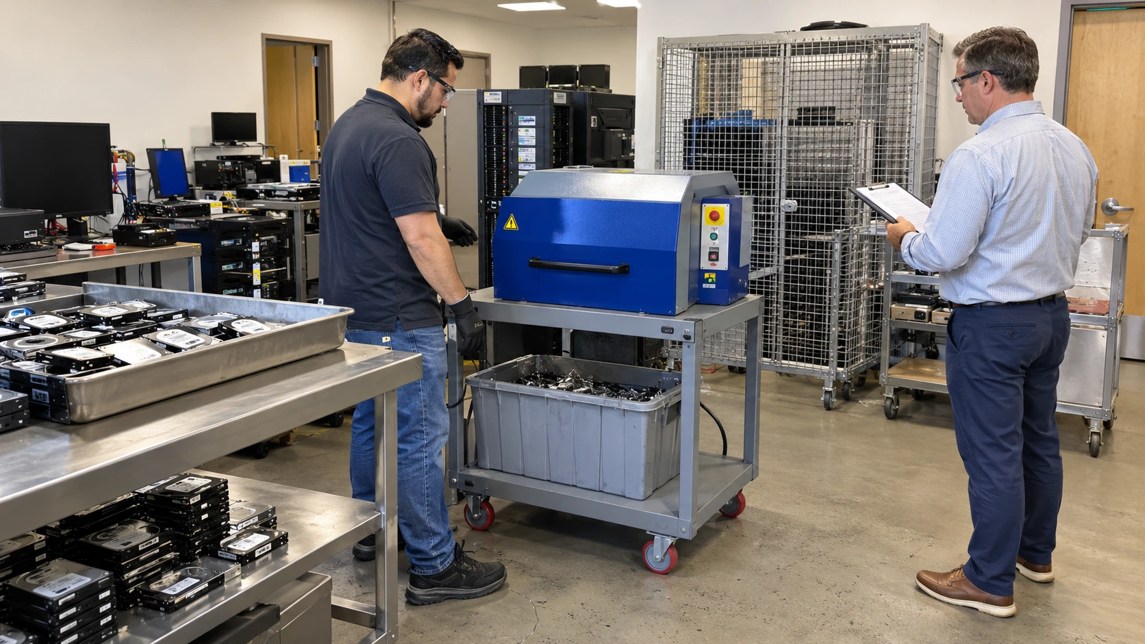 Illustrative technician destroying hard drives while an observer records the process