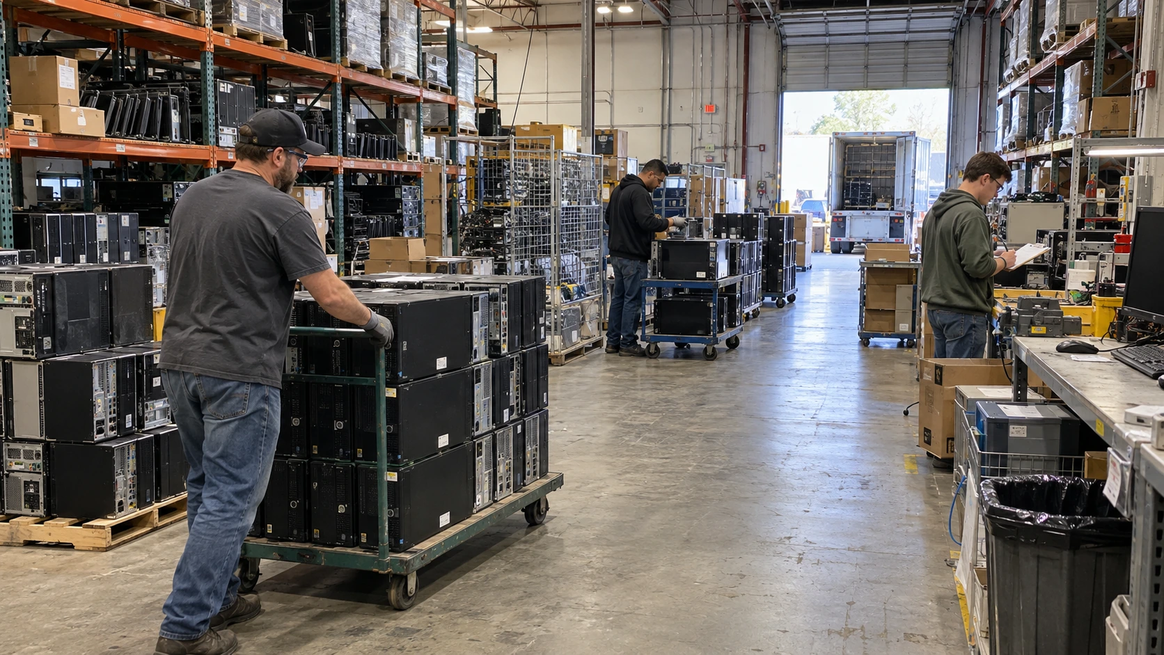Illustrative scene of IT asset handling across an electronics warehouse