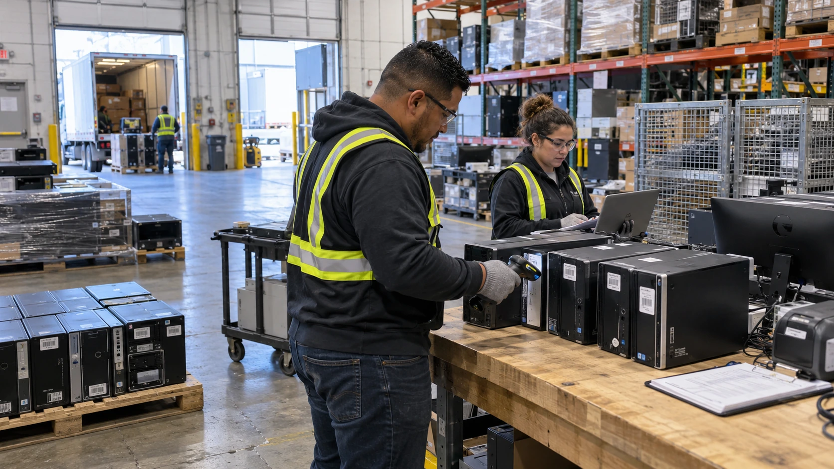 Illustrative scene of desktop equipment receiving and inventory checks