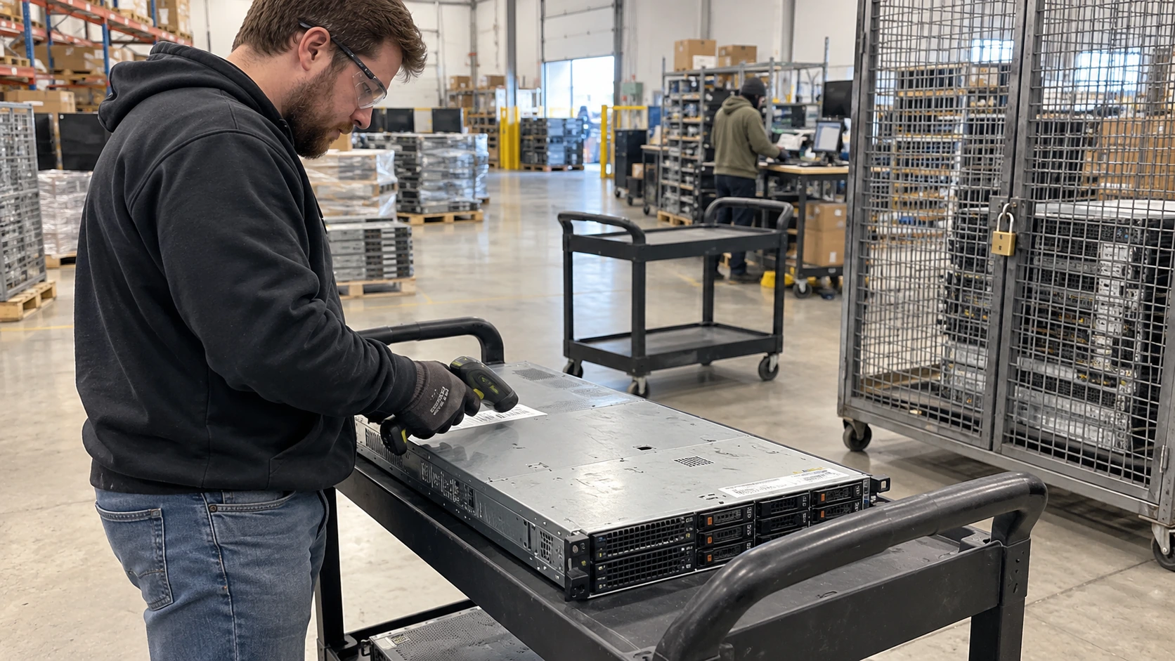 Illustrative technician scanning a retired server beside a secure storage cage