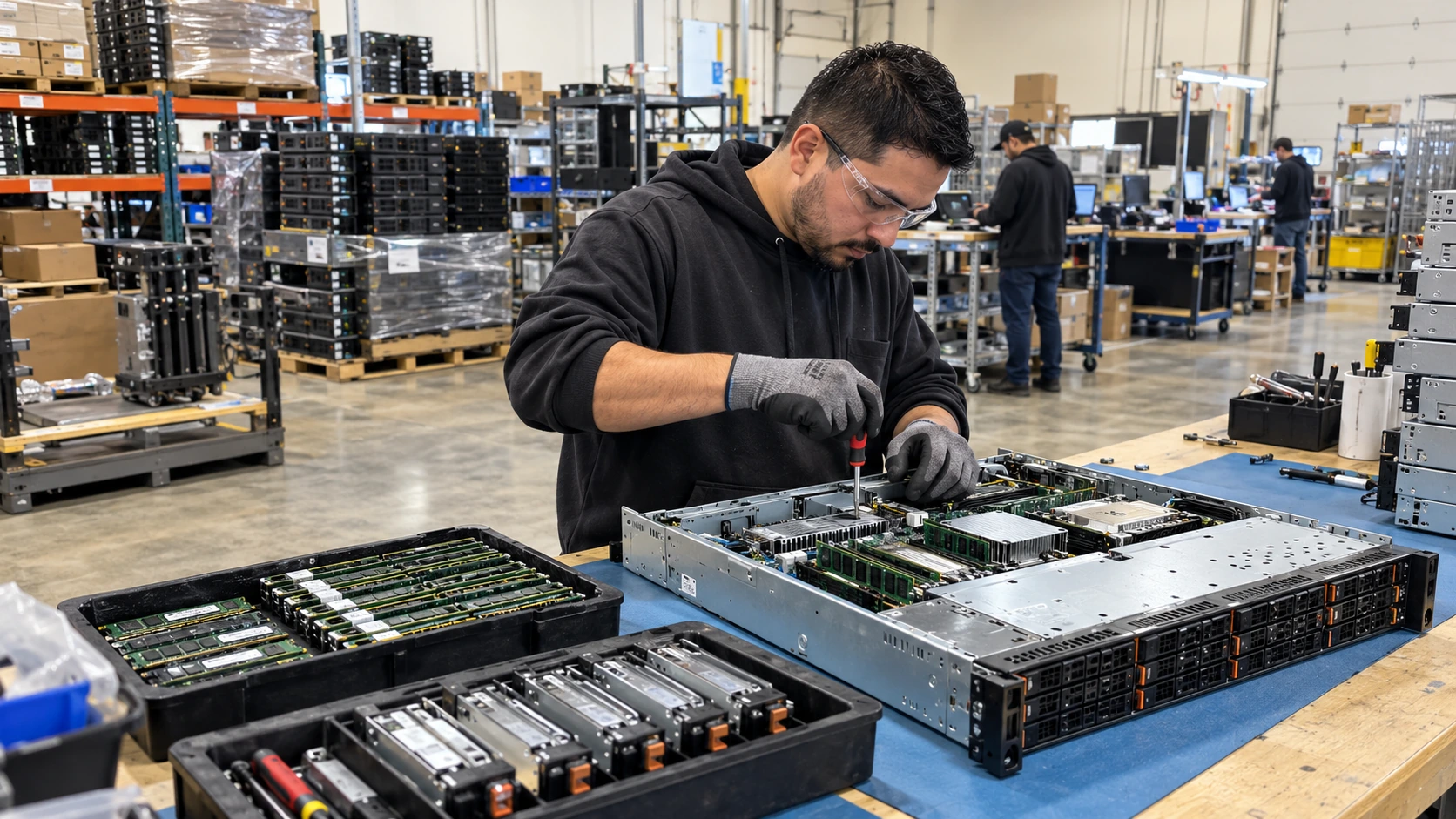 Illustrative technician removing components from retired rack servers at a workbench