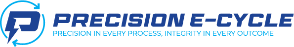 Logo for Precision E-Cycle, featuring a stylized blue P with an arrow and lightning bolt, next to the company name and the slogan: Precision in every process, integrity in every outcome.