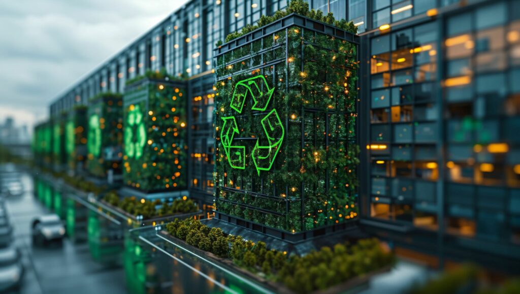 A modern glass building with green walls covered in plants displays large illuminated university recycling symbols. Small yellow lights twinkle in the greenery, while cars and students pass by on the street below.