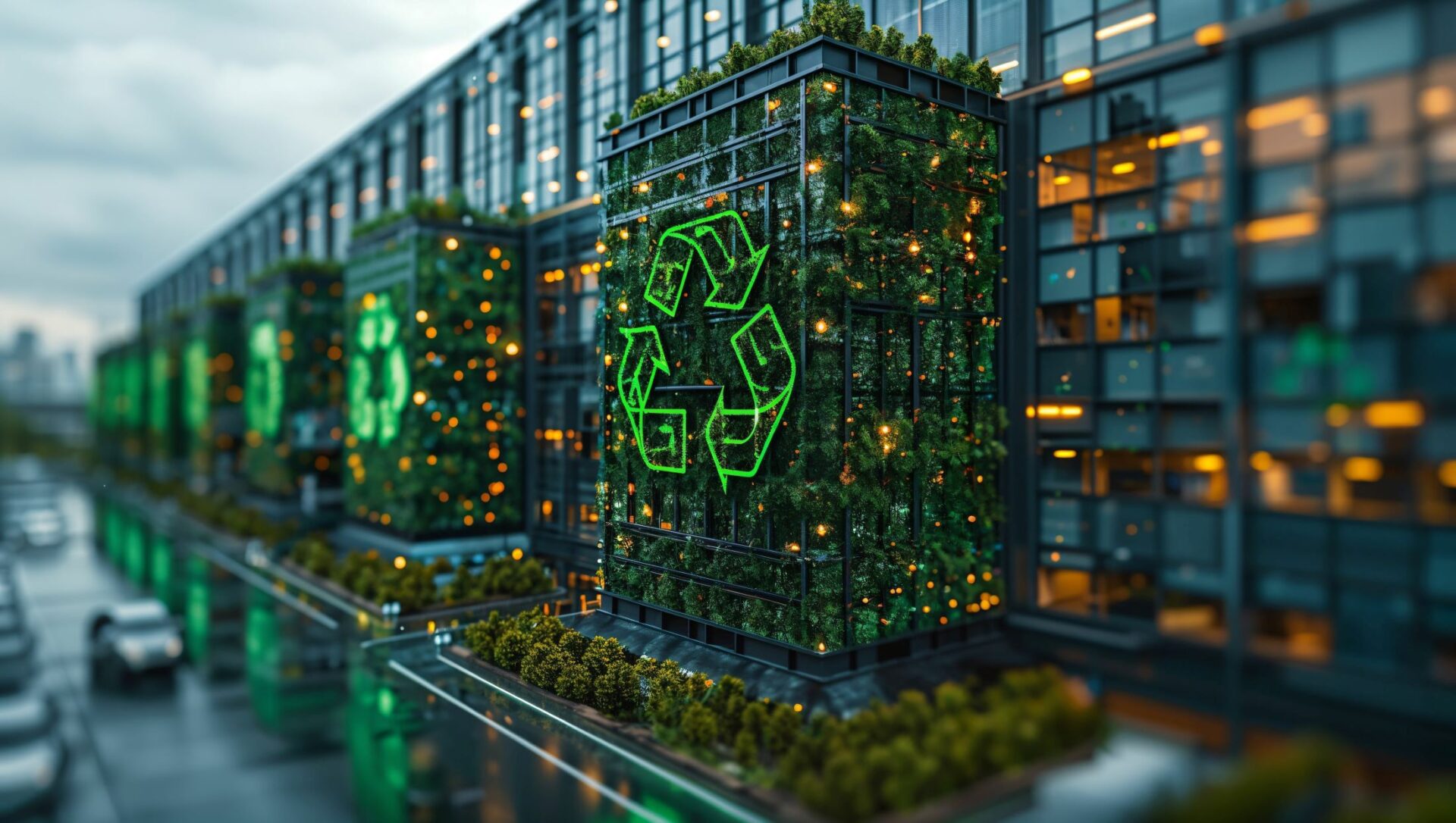 A modern glass building with green walls covered in plants displays large illuminated university recycling symbols. Small yellow lights twinkle in the greenery, while cars and students pass by on the street below.