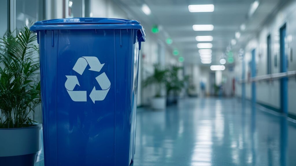 A large blue recycling bin with a white recycling symbol stands in a brightly lit hospital hallway with shiny floors and green plants, highlighting the importance of hospital recycling.