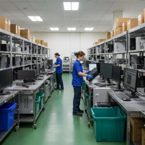 PC recycling center with staff processing electronic devices responsibly