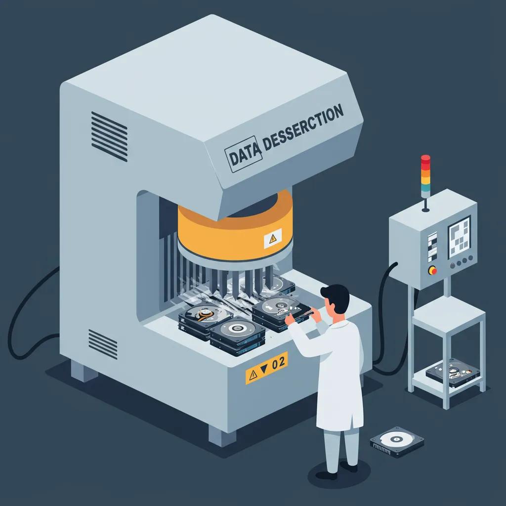 Technician performing secure data destruction on hard drives
