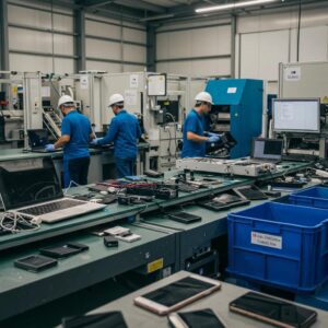 Modern recycling facility processing electronic devices for sustainable equipment recycling