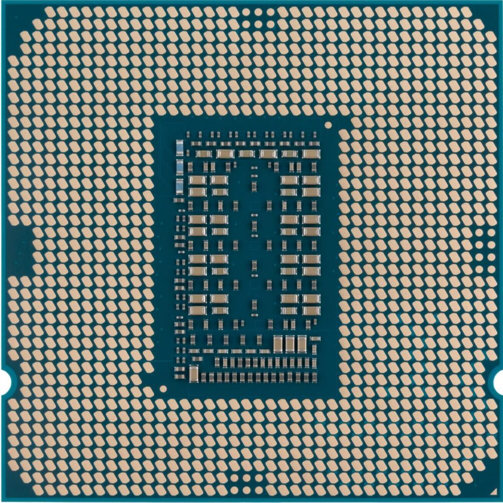 Close-up view of the underside of a computer processor chip, showing a grid of gold contact pins arranged on a blue background. The pins are evenly spaced, covering most of the chip’s surface.